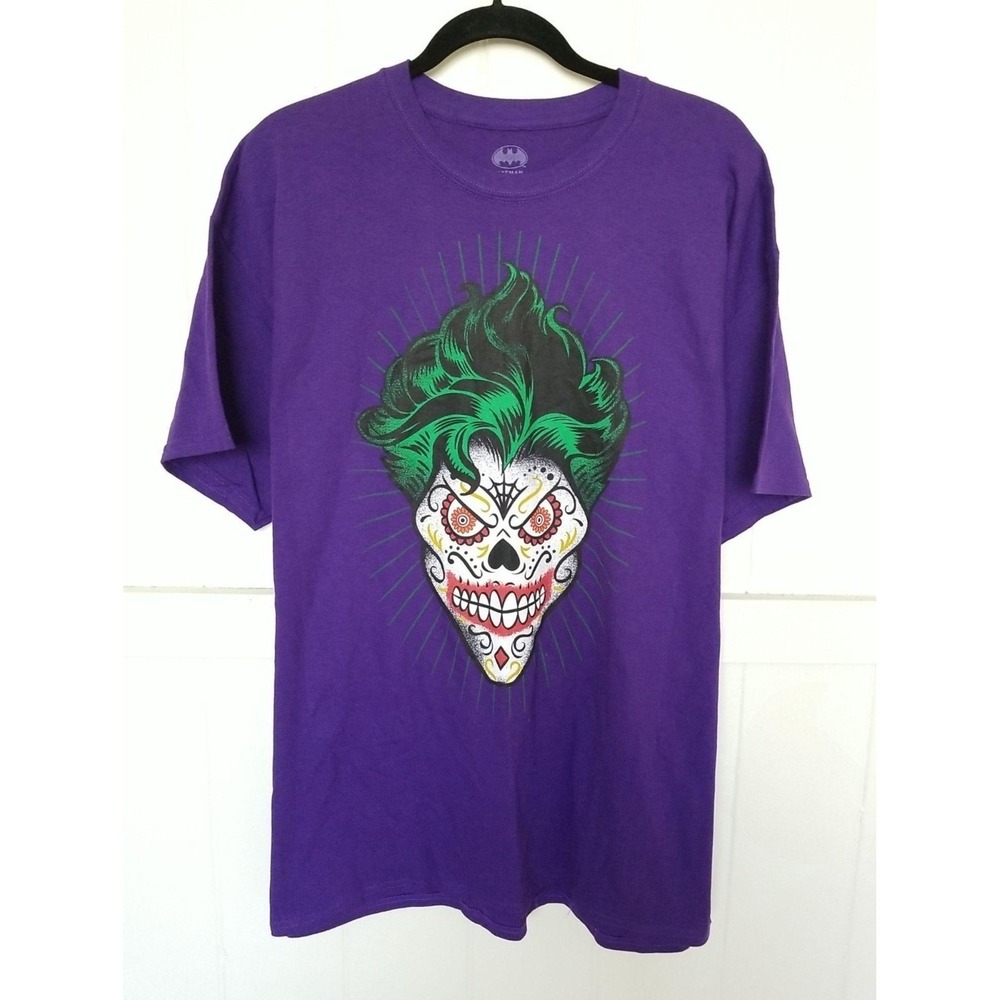 DC Comics BATMAN The Joker Shirt Dia Del Muerte Men's XL Purple Cotton Tee SS